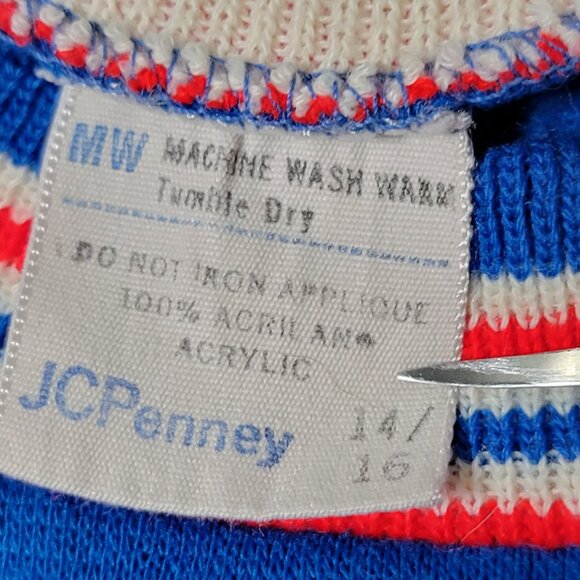Vintage JCPenney Kids Boy Blue Striped Hems Crewneck Retro Varsity Sweater 14/16 - Picture 9 of 9